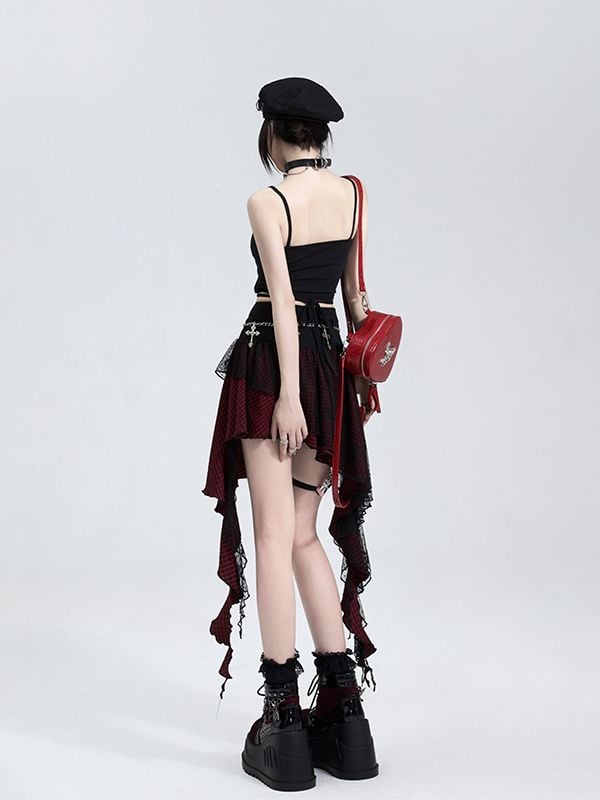 Mesh Cascading Red with Black Festival Overlay Skirt Music Outfits Plaid Ruffles