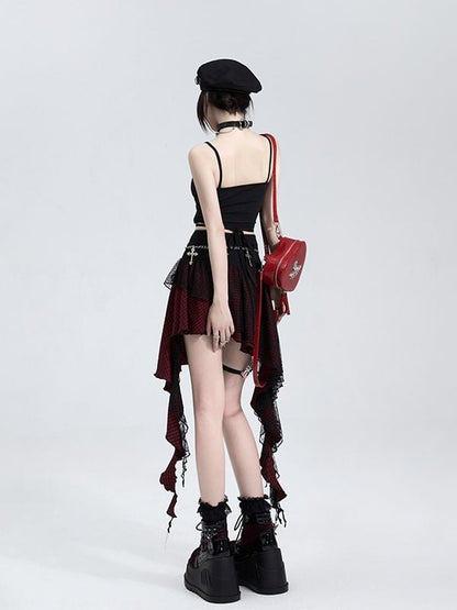 Mesh Cascading Red with Black Festival Overlay Skirt Music Outfits Plaid Ruffles