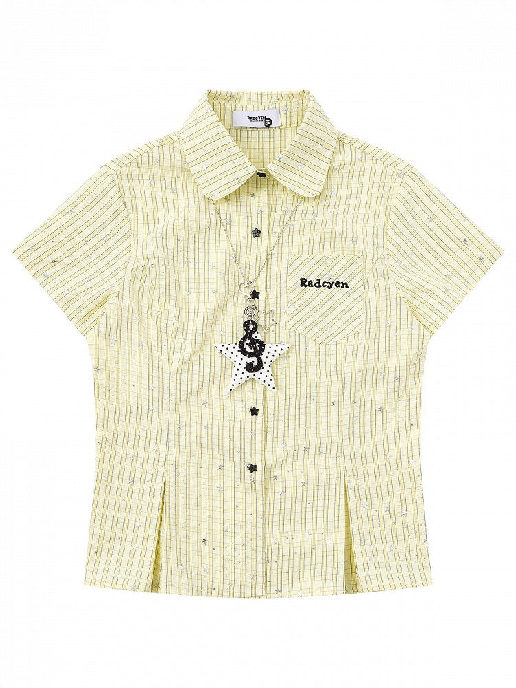 Yellow Plaid Short-Sleeve Shirt with Star Print and Necklace - Languid Park
