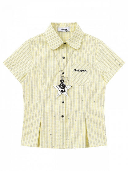 Yellow Plaid Short-Sleeve Shirt with Star Print and Necklace - Languid Park