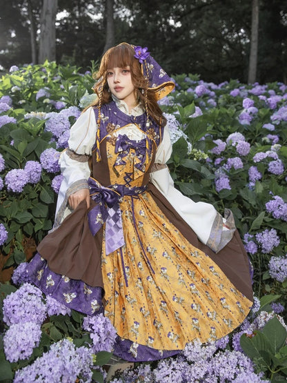 Yellow & Purple Retro Floral Print Lolita JSK Dress with Layered Skirt - Neoludwig