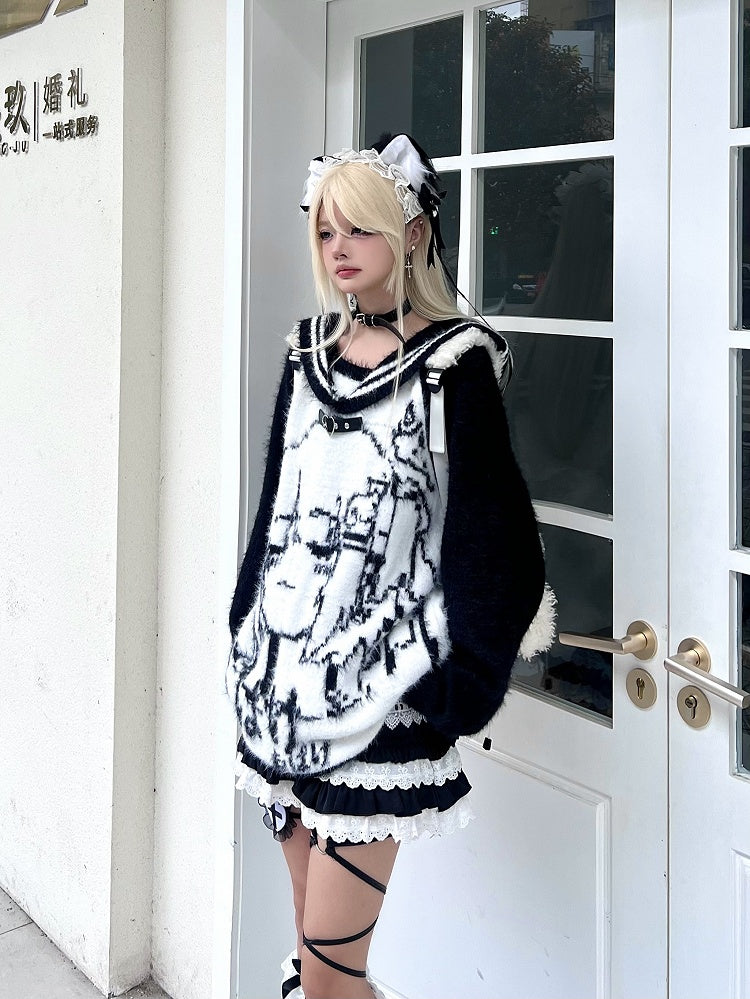 Plush Oversized with Girl Sweater Design Collar - Black/Blue/Pink Fit Cartoon Sailor