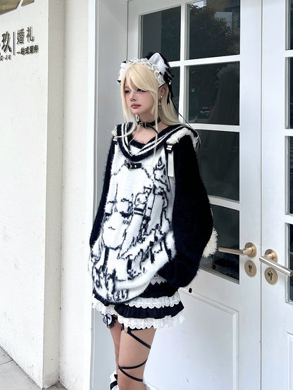 Plush Oversized with Girl Sweater Design Collar - Black/Blue/Pink Fit Cartoon Sailor