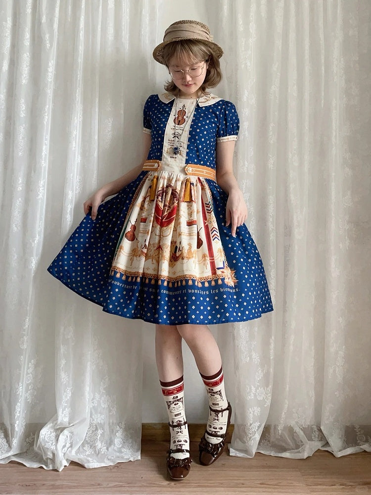 Short Dark Blue Musical Print Peter Pan Collar OP Dress with Tassels - Crucis Universal Tailor Company