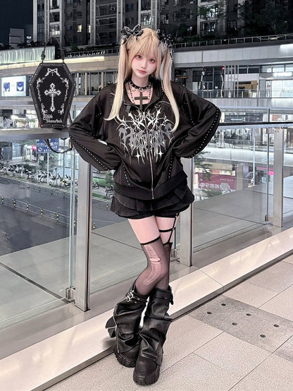 Distressed Black Thorn Graphic Jirai-Kei Hooded Jacket with Stud Accents - Puppet Bombs