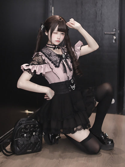 Jirai Kei Black & Pink Lace Cutout Shoulder Short Sleeve Ruffle Blouse - Ekomi