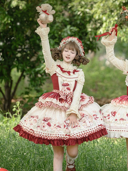 Red and Beige Gingham Mushroom Print Dress with Lace Overlay - Honey Machine
