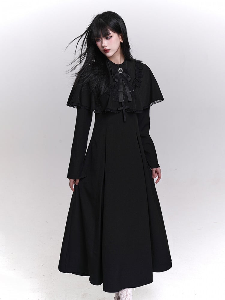 Black Trad Goth Tea Length Dress with Built-In Lace Trimmed Cape