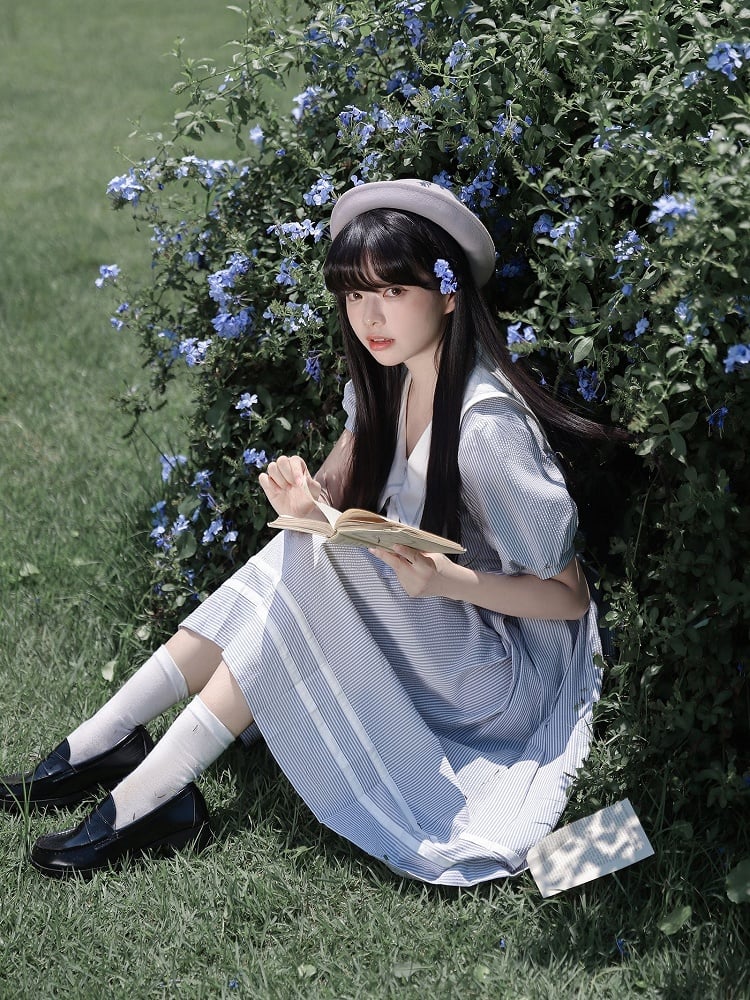 Weiß Gestreiften und Kleid Sommer Ärmeln Taille Puff Blau Gürtel mit