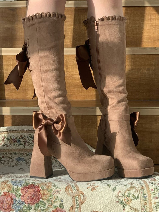 Design Lolita Details Lace-up with Back Knee-high Bow Khaki Boots Decorative Elegant