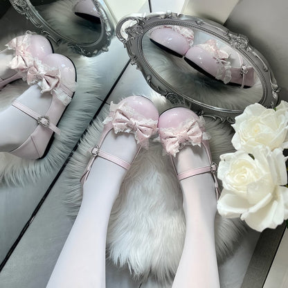Pink Sweet Lolita Round Toe Flats - Polka Dot Bow with Lace Trim & Crystal Heart Snap