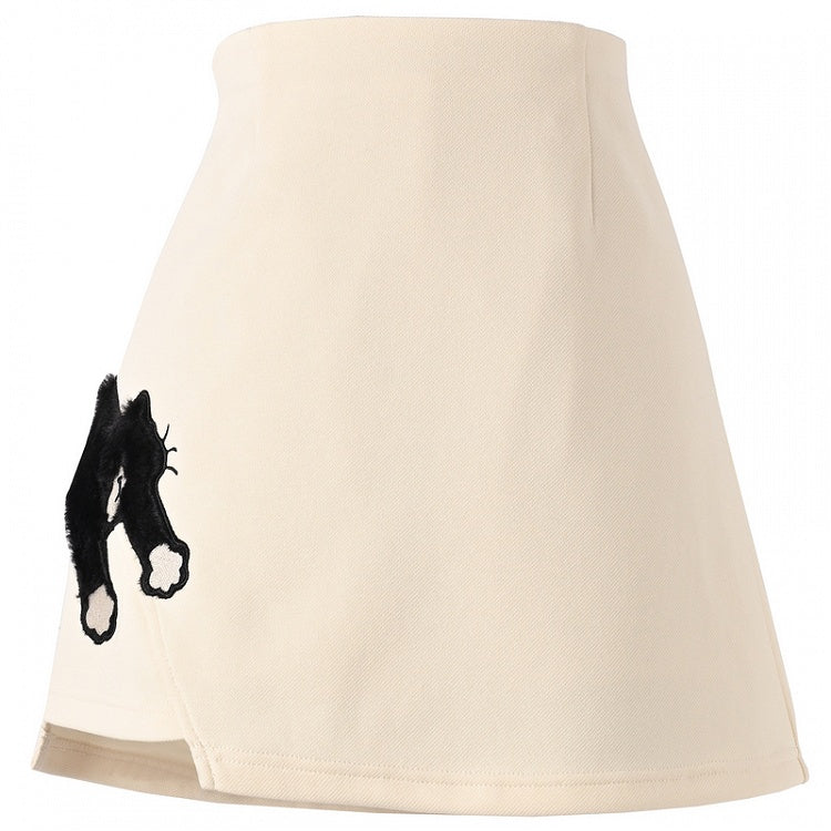 黒猫柄ホワイトアシンメトリーヘムスカート