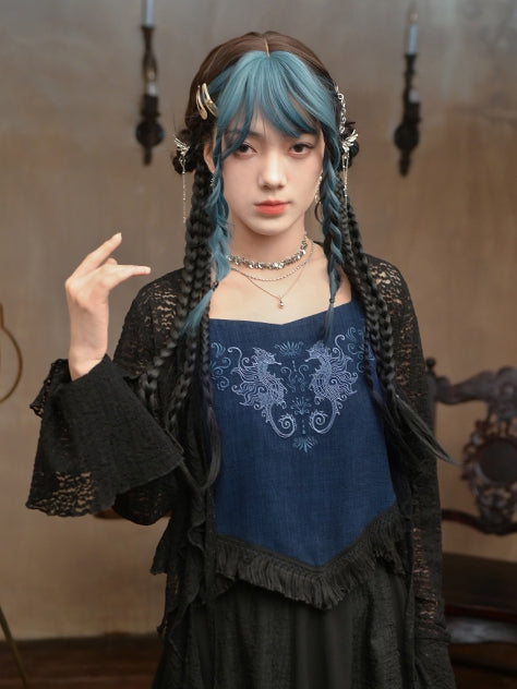 Seepferdchen-Cheongsam-Oberteil und Cami-Saum-Stil, Quaste, dunkle Stickerei, Korallenblau