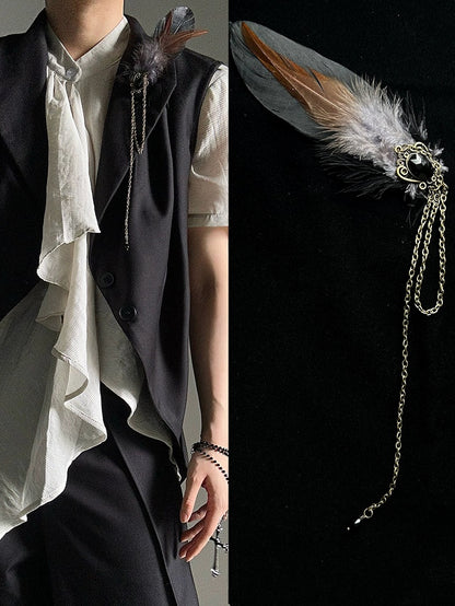 with Brooch Feather Accents Black Rhinestone Charm Chain