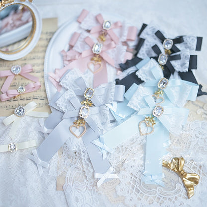 ビーズハートチャーム ジライケイ レースボウ ヘアクリップ ダスティブルー/ダスティピンク/ブルー/ブラック