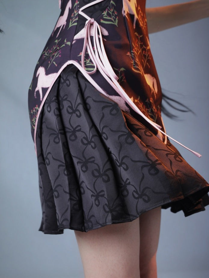 Sweet Cheongsam Dress with Horse Pattern & Pleated Skirt - sijinstudio