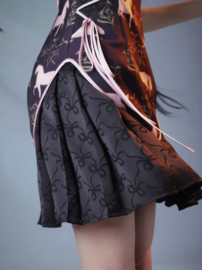 Sweet Cheongsam Dress with Horse Pattern & Pleated Skirt - sijinstudio
