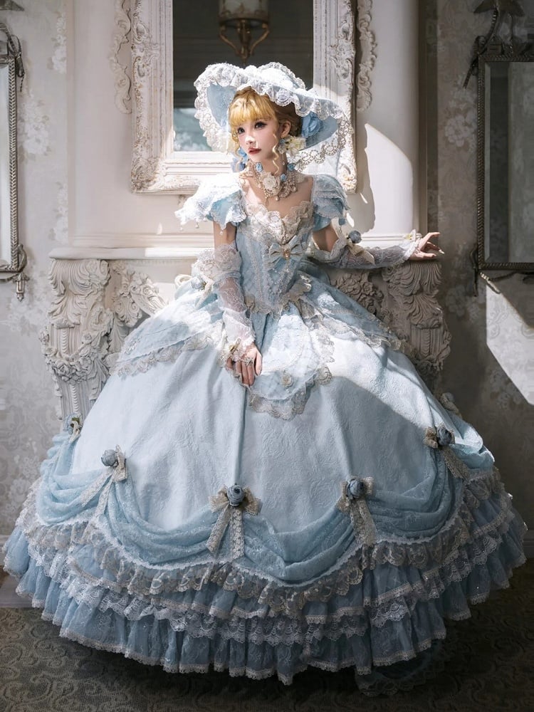 Light Blue Off-Shoulder Hime Lolita Gown - Layered Lace Princess Dress
