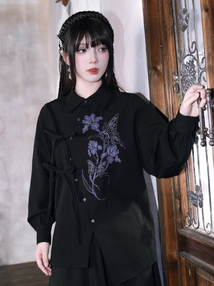 Gothic Long-Sleeve Shirt with Asymmetric Placket & Iris Print in Black Purple - Quirky Hut