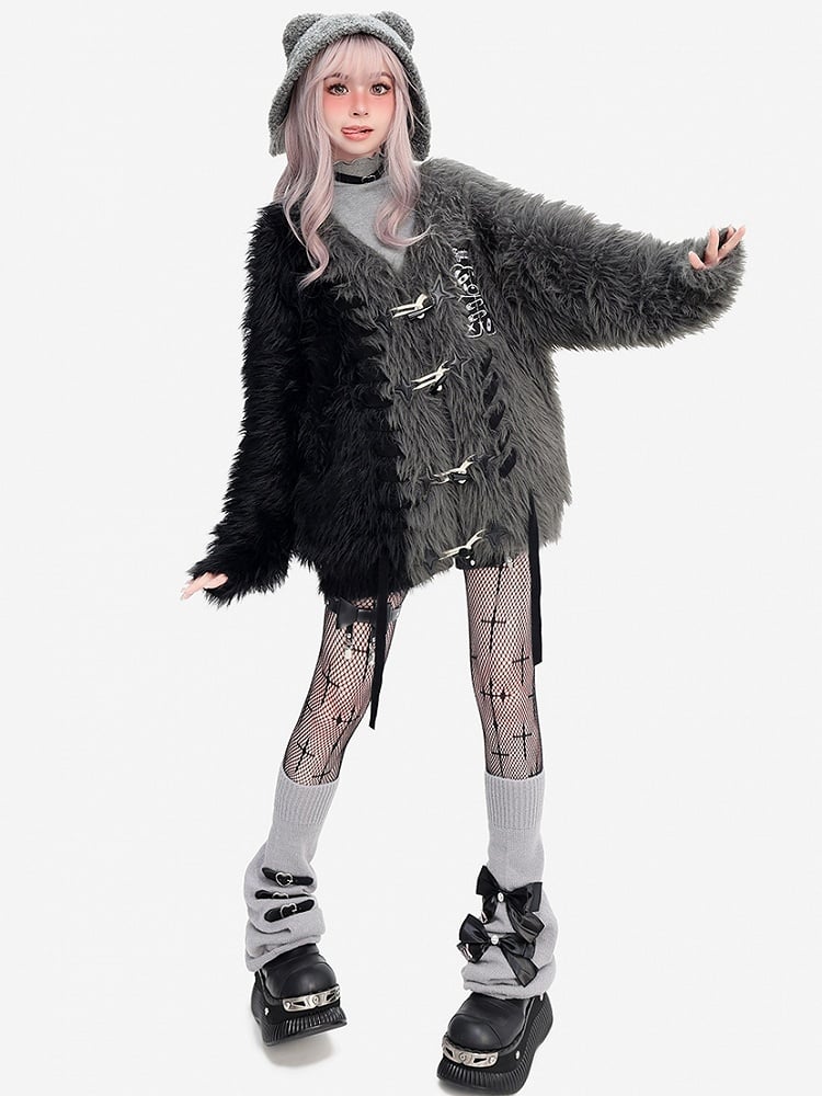 ブラック＆グレーのカラーブロックパンクベアアップリケルーズカーディガン