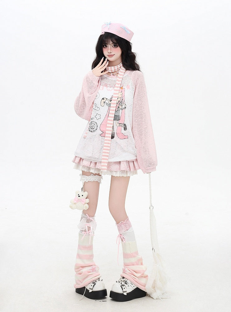 Coverup Colorblock Design Semi-sheer Cartoon Girl Print Black/Pink/Blue