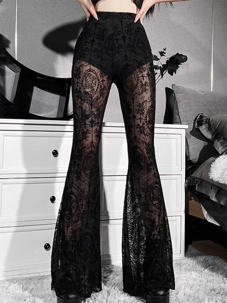Semi-Sheer with Black Flare Pants Cross Gothic Embroidery Lace