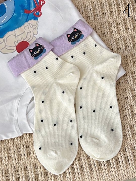 Kitty/Puppy/Bear Pattern Print Colorful Calf Socks Striped 9 Options