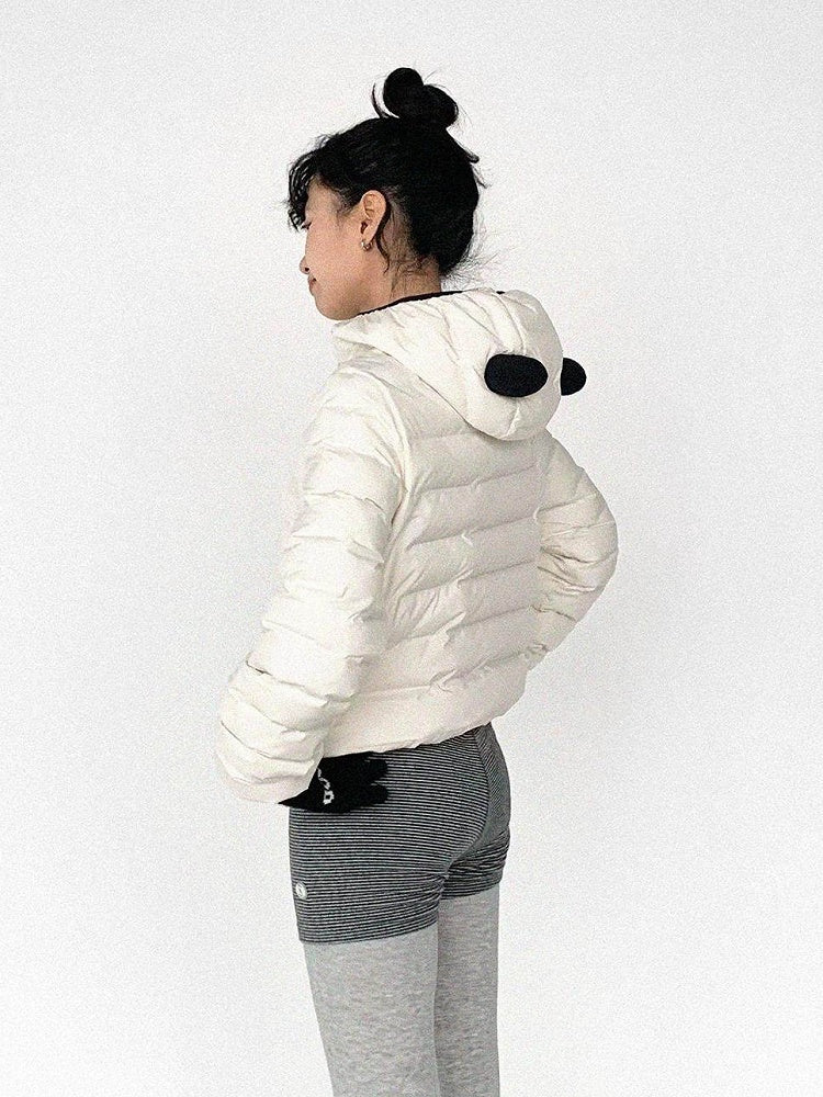 White Jacket Zipper Panda Ear with Decor Hood - Ribbed Daily Kawaii Down Front Hooded