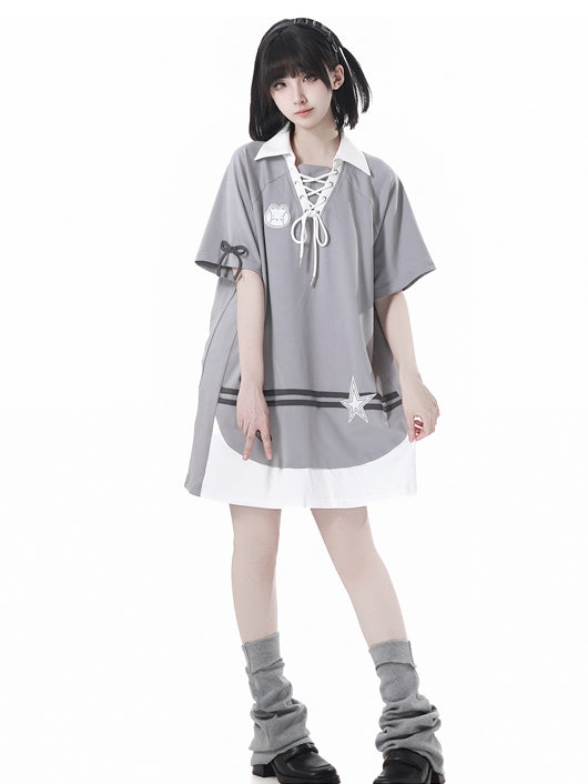 and Neckline Star Gray Lace-up Applique Bunny Dress Loose