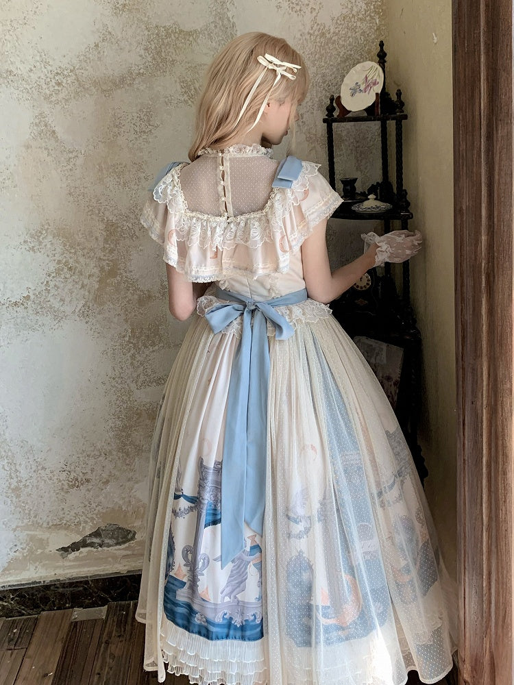 Edward Basque Lolita Print Kleid Klassischer Hals Elegantes Engelsstück Taille Eins