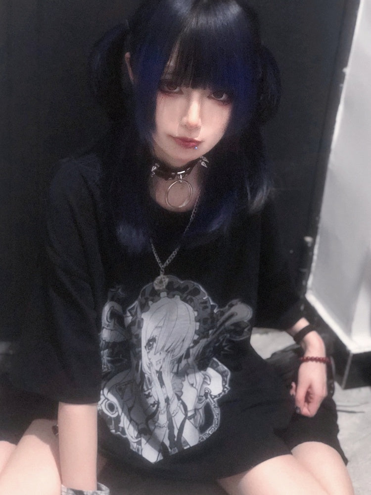 ネックブラックホワイト ケイジライ ラウンドプリント 漫画ガール Tシャツ