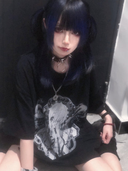 ネックブラックホワイト ケイジライ ラウンドプリント 漫画ガール Tシャツ