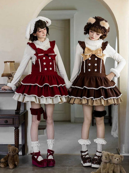 and Overall Sweet Lolita Bow Dress Straps Tiered Red Waist Dropped with Hem Ruffle