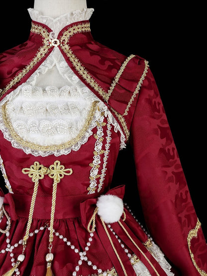 レッドロングスリーブクロップドトップバンドカラーボレロ