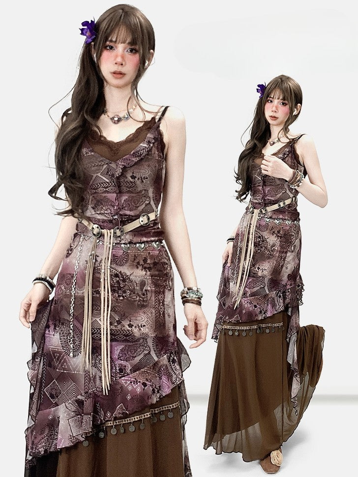 Design Print Millard Fashion Asymmetrischer Saum Lila + Kleid Cami