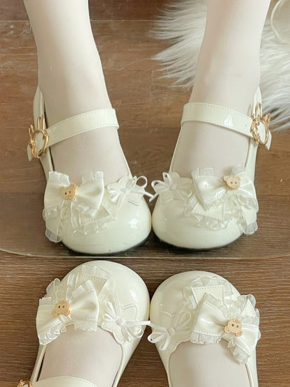 Lolita Round Heels PU Low with Sweet Toe Leather White