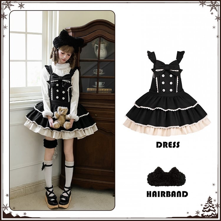 Sweet Winter Lolita Tiered Overall Dress in Black with Kitty Ear Hairband - With PUJI