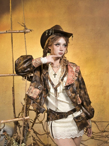 PU with Sleeves Knit V-neck Brown Punk Retro Beige Dress Bishop