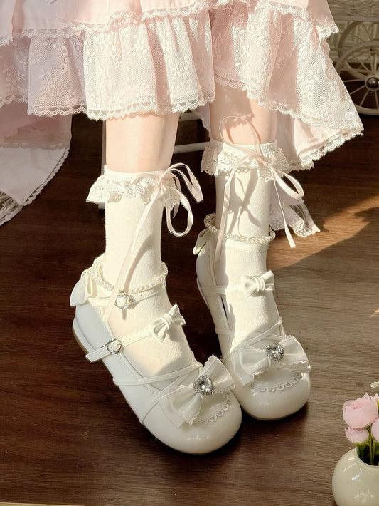 Sweet Crisscross PU Accents Bow Lolita Low-heel with White Straps Shoes