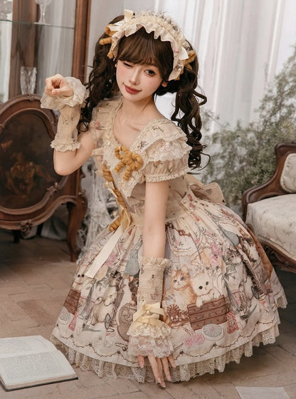 Beige Cat Print Square Neckline Sweet Lolita JSK Dress with Plush Cat Patch - NyaNya