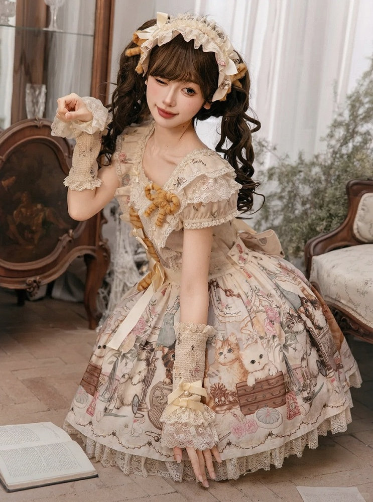 Beige/Green Lace Trimmed Sweet Lolita Wrist Cuffs with Bows and Beads - NyaNya