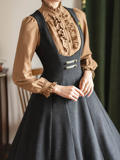 Shirt Long Ruffle Details Light Sleeves Brown with Striped Elegant