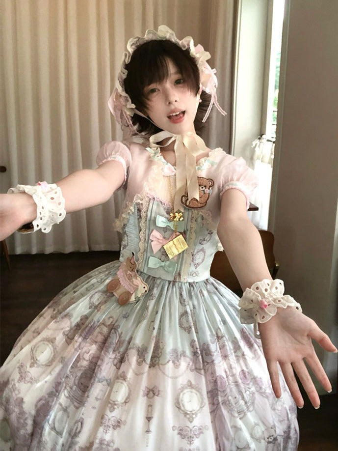 Rose & Mint Short Sleeve OP Gown with Bear Motif - Lunethe