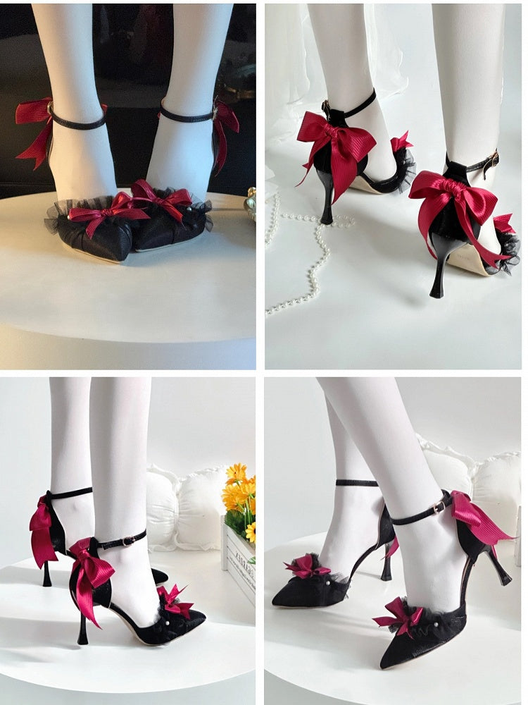 Wine Red Black Butterfly Bow Pointed Toe Lolita Shoes Buckle Strap - A Sky Rabbit
