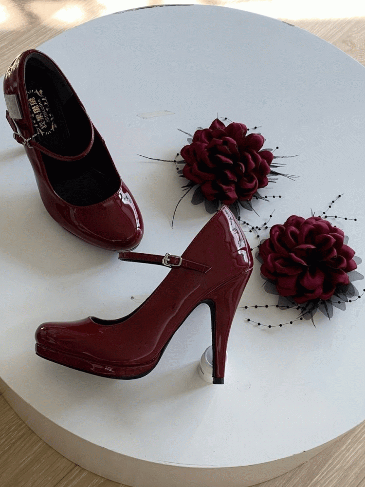 Red Accents for Classic Heel Wine Removable Mary - Lolita Flower Featuring High Janes