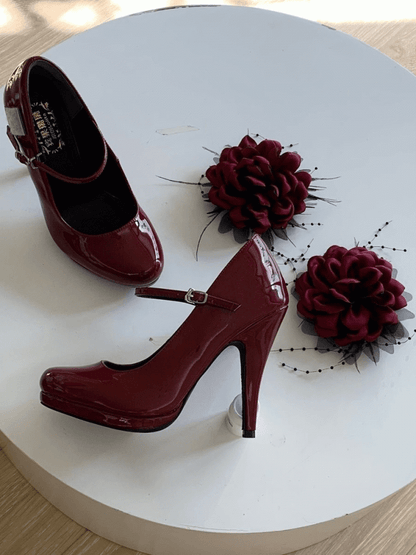Red Accents for Classic Heel Wine Removable Mary - Lolita Flower Featuring High Janes