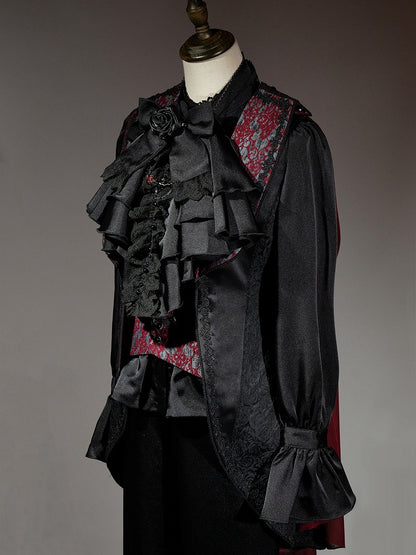 Schwarzes Ouji Fashion Lolita Langarmhemd mit Jabot-Krawatte und Fliege