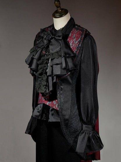 Black and Red Prince Outfit Ouji Lolita Full Set - Black Long Sleeves Shirt + Waistcoat + Black Pants