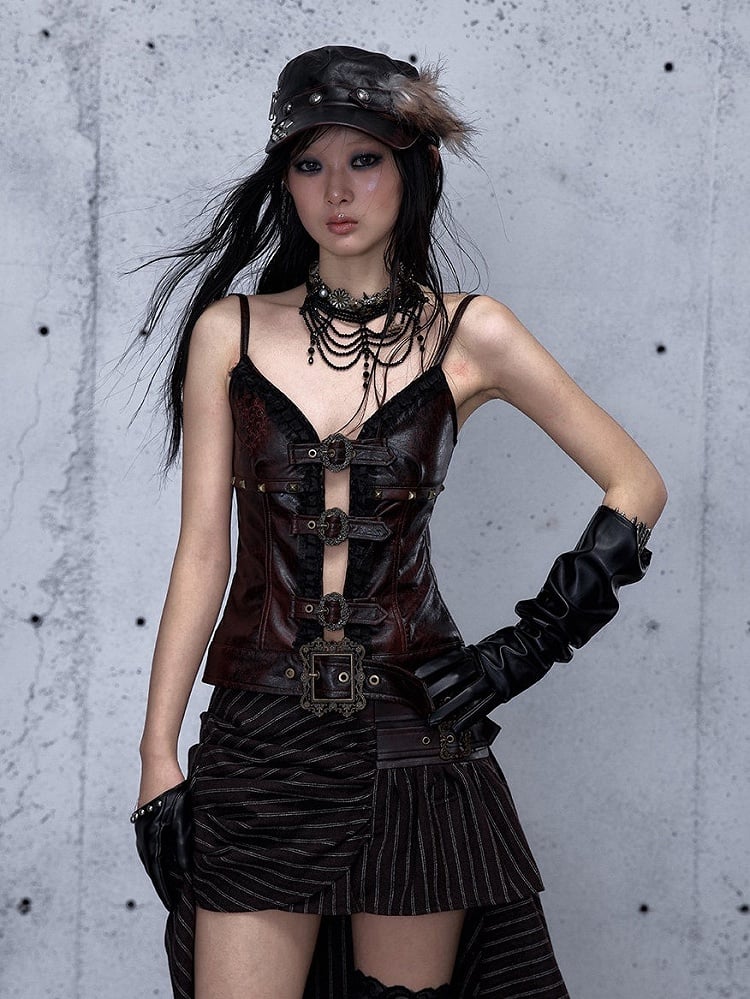 Adjustable Cami Straps with Red Shoulder Lace Ruffle Punk Trim Dark Rock Top