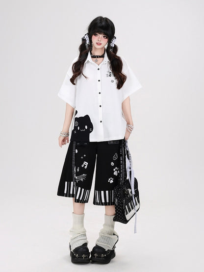 Piano Key Print White Wide-Leg Pants with Belt - CRAZY GIRL